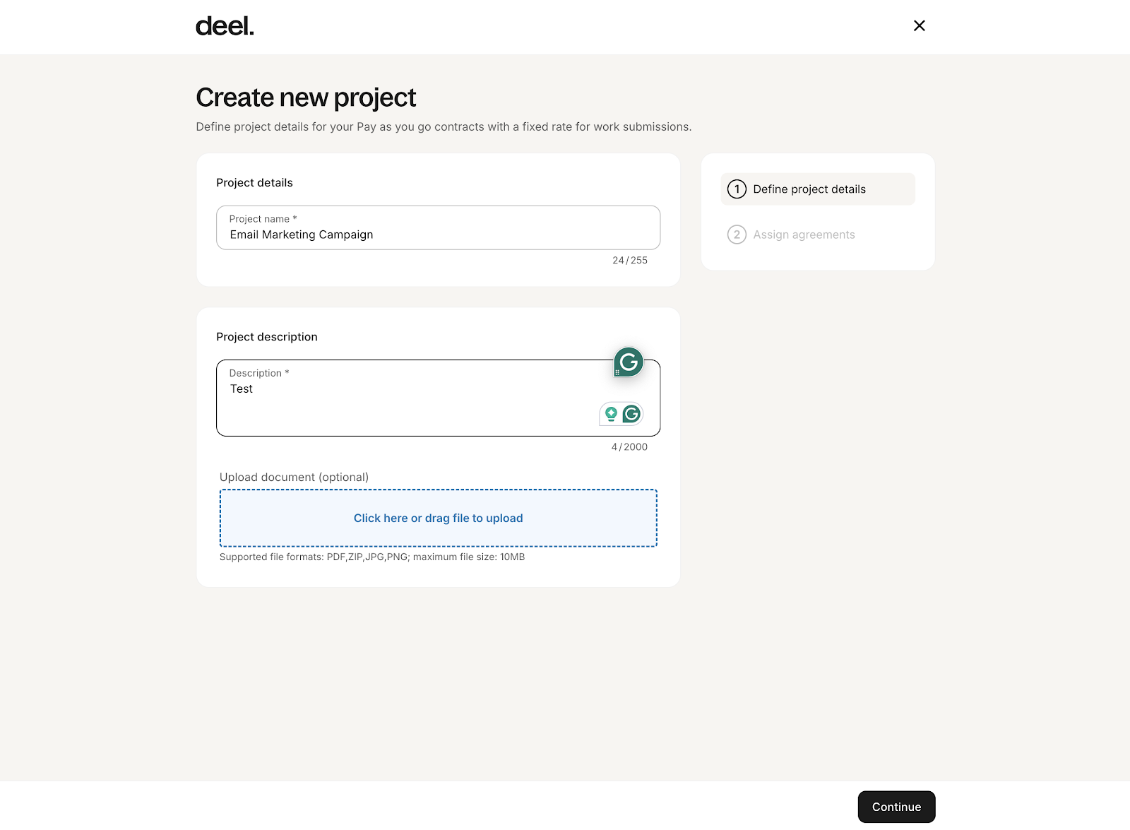 Deel displays text boxes to create a new project for contractors, including the project name and description.