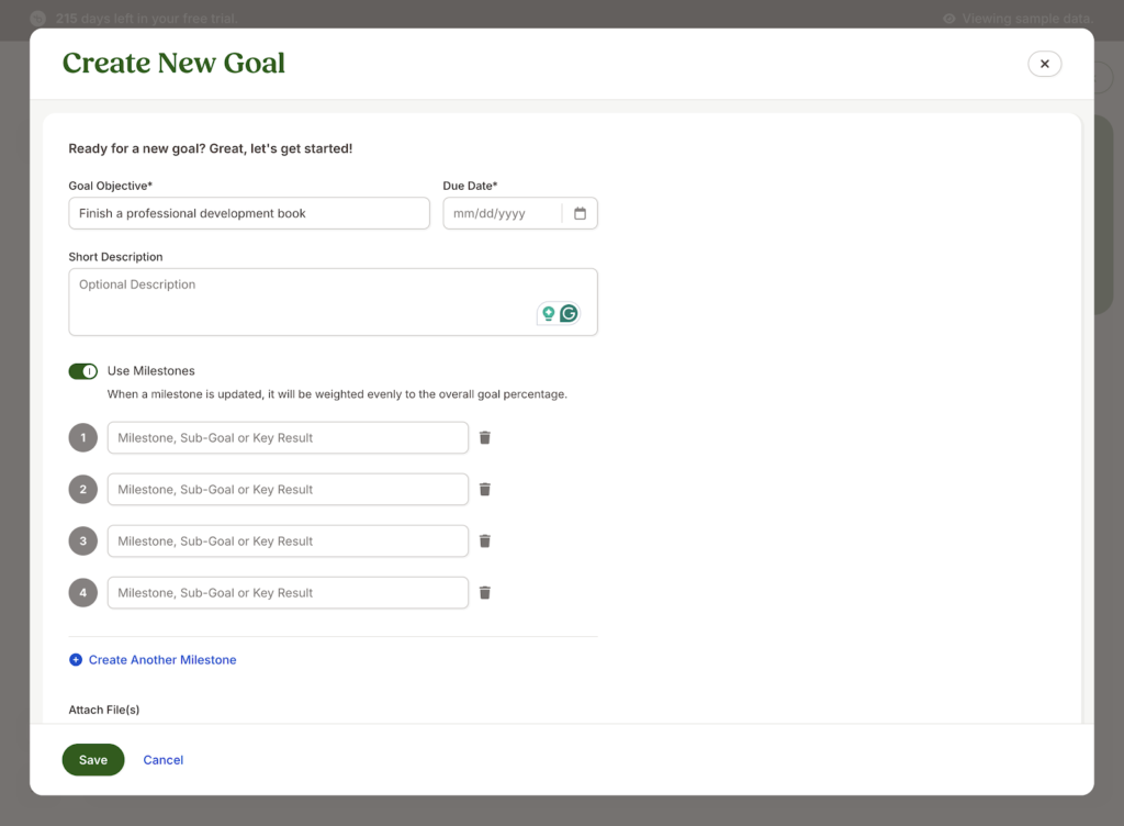 BambooHR displays a pop-up window with text boxes including goal objective, description, due date, and milestones for creating a professional goal.