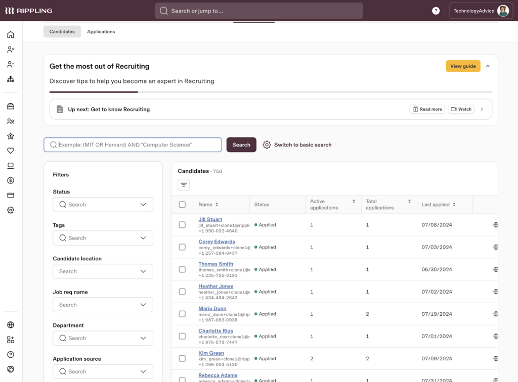 Rippling displays its candidate dashboard with a list of candidate names plus a search bar at the top and filters for status, tags, candidate location, and application source on the left.