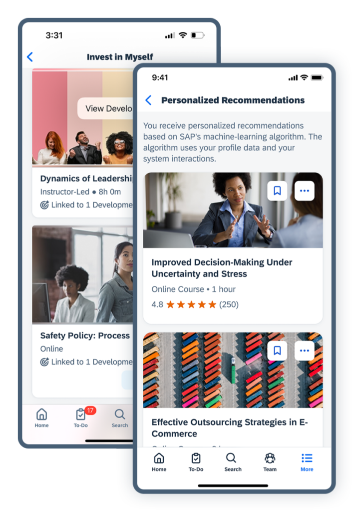 SAP displays two mobile phones with personalized learning course recommendations, including "Improved Decision-Making Under Uncertainty and Stress" and "Effective Outsourcing Strategies in E-Commerce."