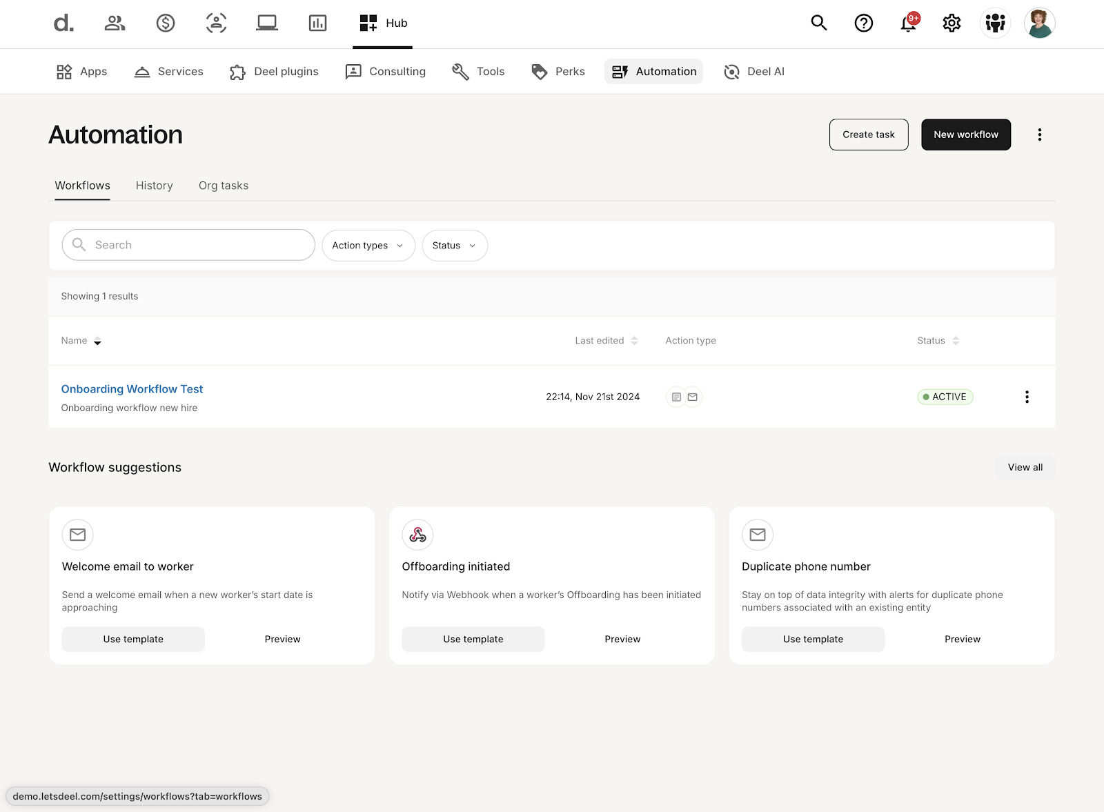 Deel displays its workflow automation page with a list of active workflows at the top, like onboarding, plus workflow suggestions, like offboarding, at the bottom.