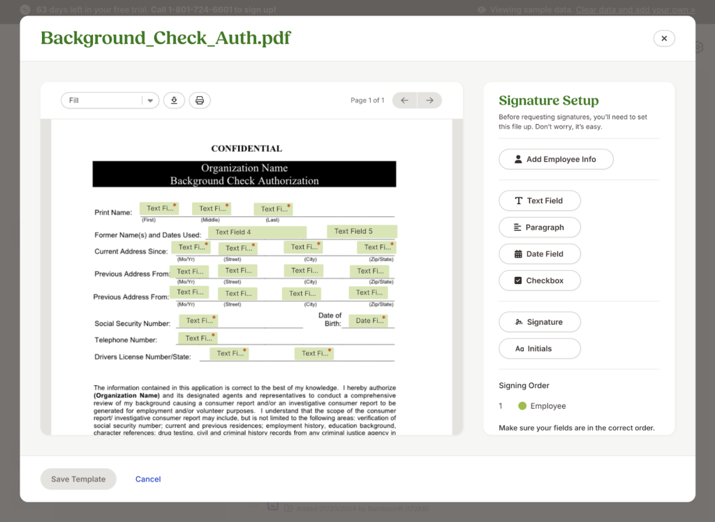 BambooHR displays a background check authorization form with green text fields for things like name, address, social security number to indicate areas to type in responses.