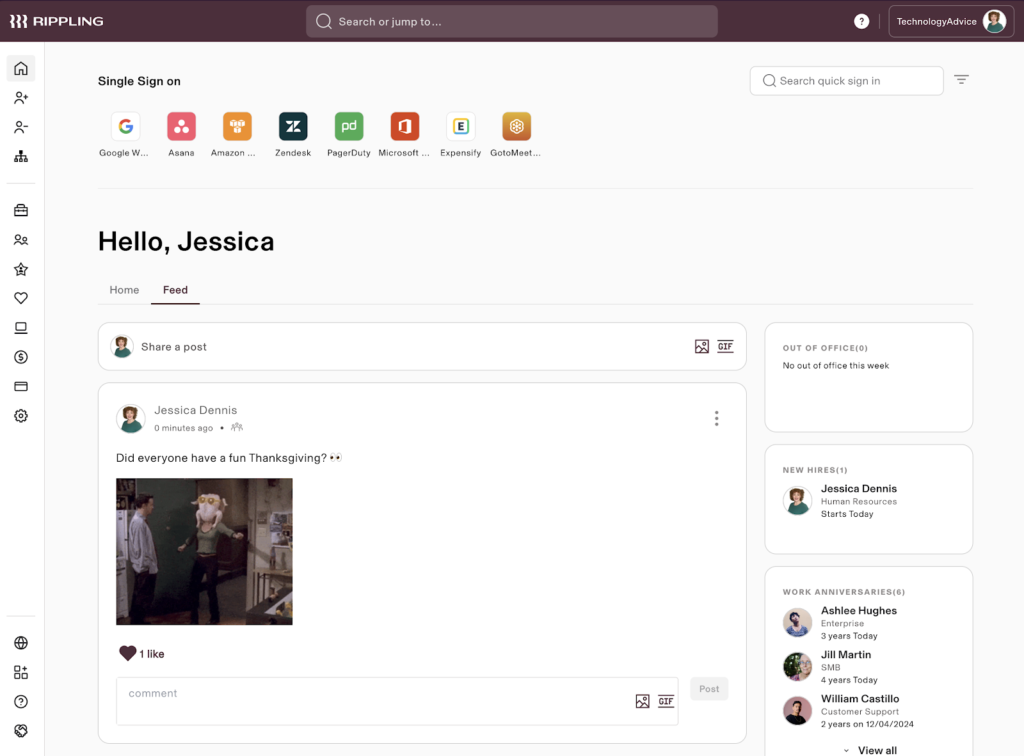 Rippling displays its homepage newsfeed with recent employee posts in the middle and widgets on the right with who is out of the office, new hires, and work anniversaries.