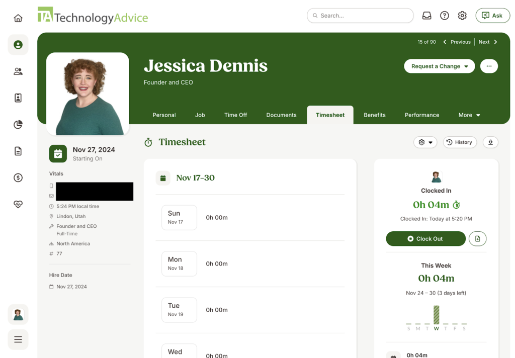 BambooHR displays an employee profile for Jessica Dennis with tabs for personal, job, time off, documents, timesheet, benefits, performance, and more across the top plus the employee’s clock-in and out-times between November 17 and 30 listed below.