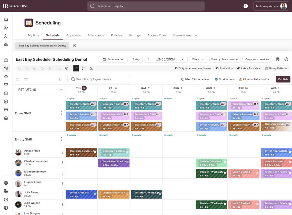 Rippling displays its scheduling dashboard with a weekly calendar in the middle, employees listed on the left, and multi-colored squares to represent different scheduled shifts.