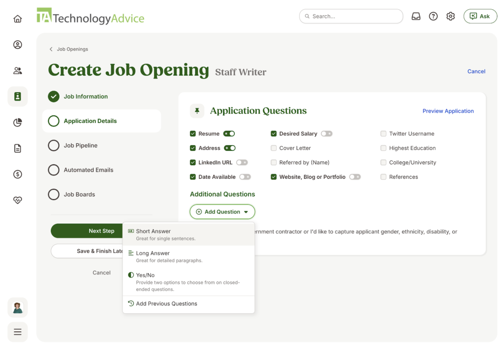 BambooHR displays its Creat Job Opening workflow, with steps like job information, application details, and job pipeline on the left, and checkboxes to choose application questions on the right.