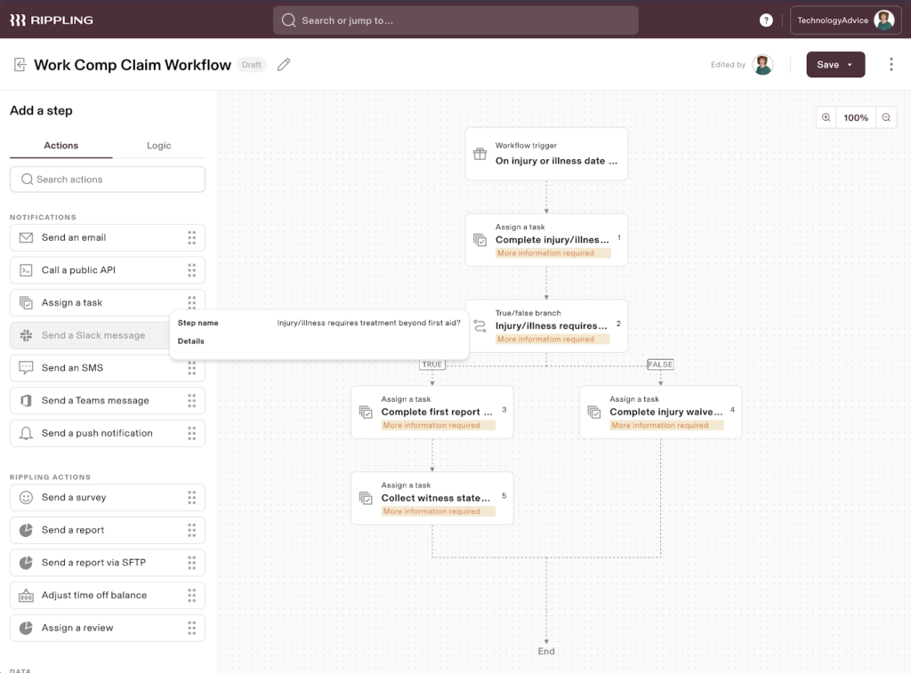 Rippling displays a custom workflow screen with text boxes connected by lines to illustrate actions like “Complete first report of injury” occurs after the trigger “on injury or illness date.”