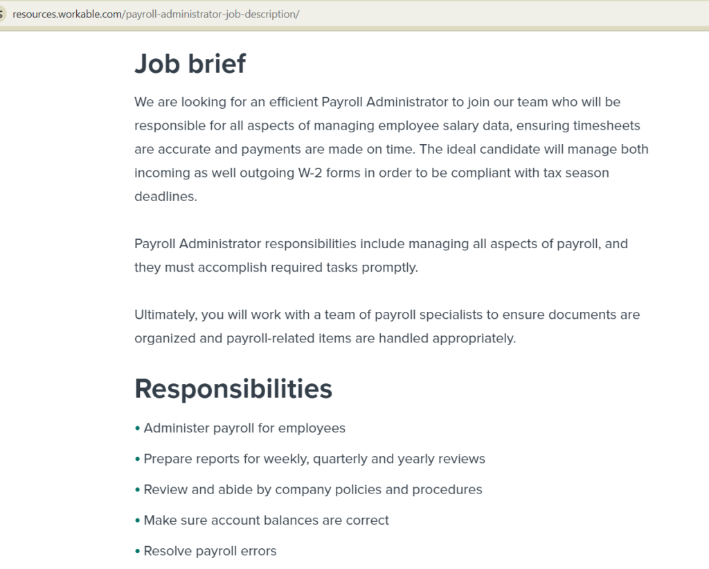 Screenshot of a payroll administrator job description from Workable.