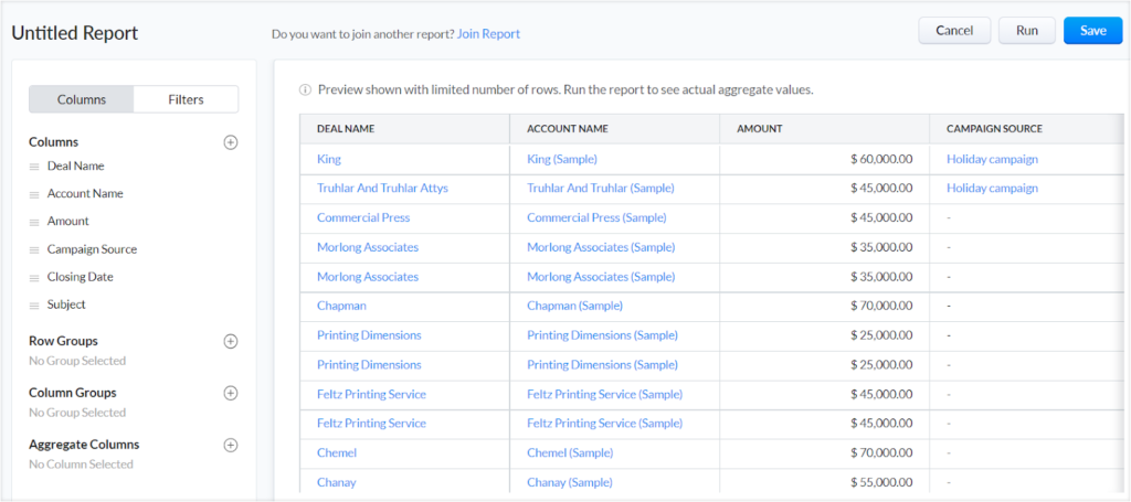 Zoho CRM report builder.