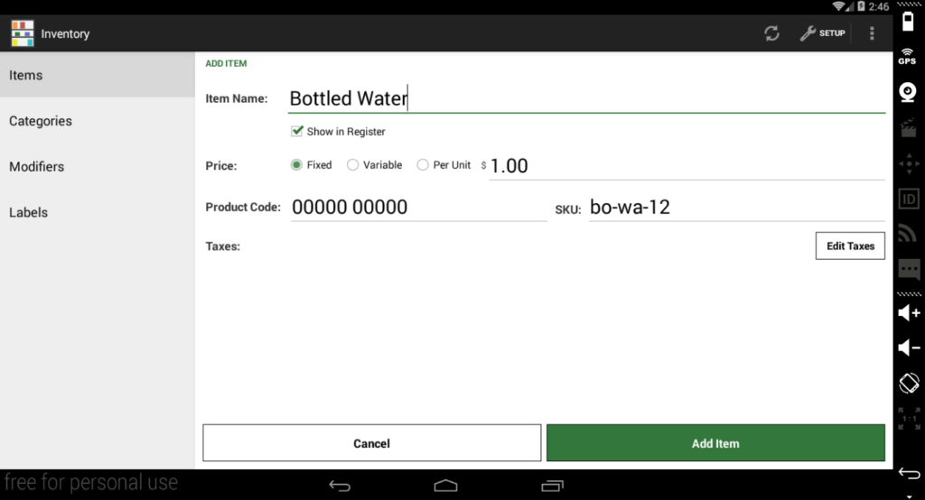 Clover inventory management showing window for adding sample product.