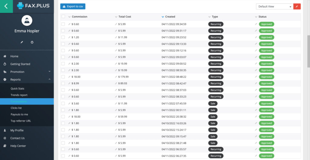 Dashboard view from online fax service provider fax.plus.