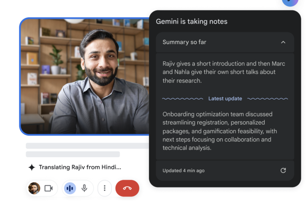 A visual mockup showing how Gemini can take notes for you when you use Google Meet.