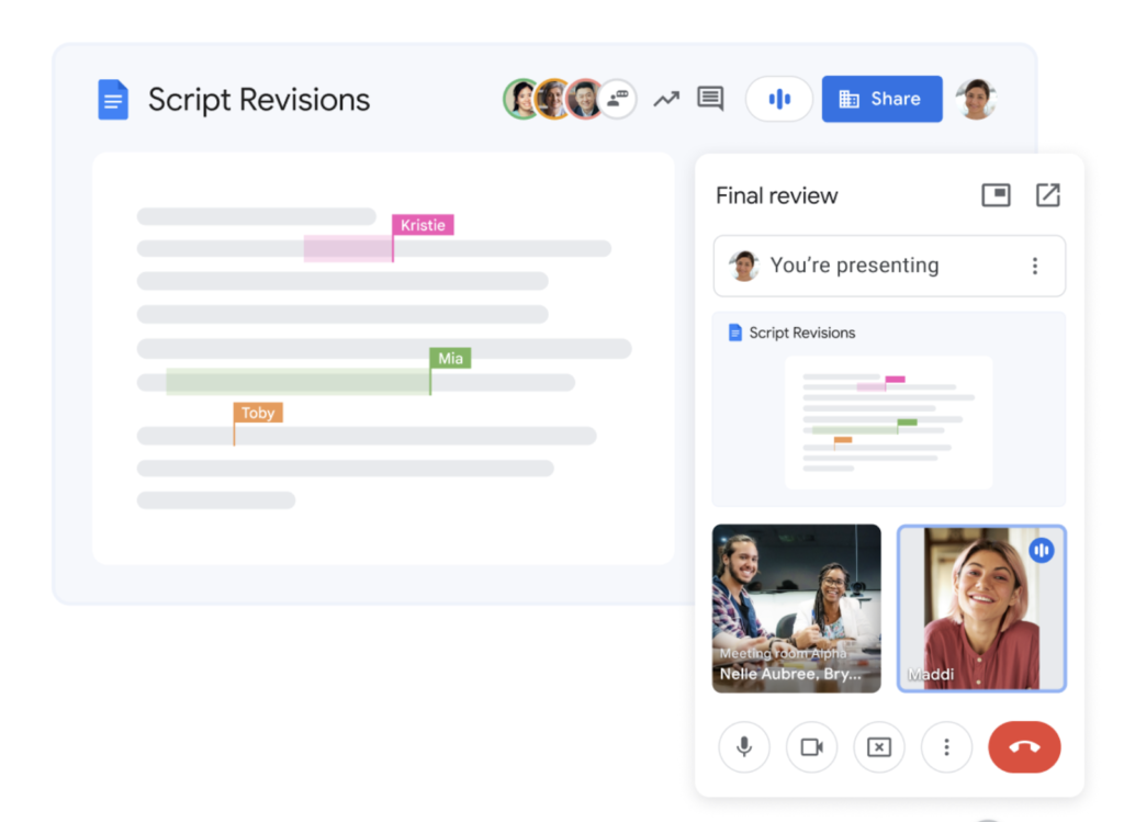 A screenshot showing how Google Workspace lets you start a meeting directly from a Google Doc.