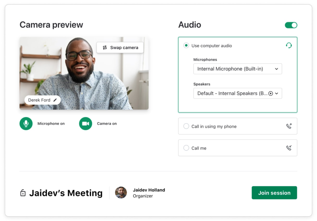 The GoTo Connect video conferencing interface with camera preview and audio settings.