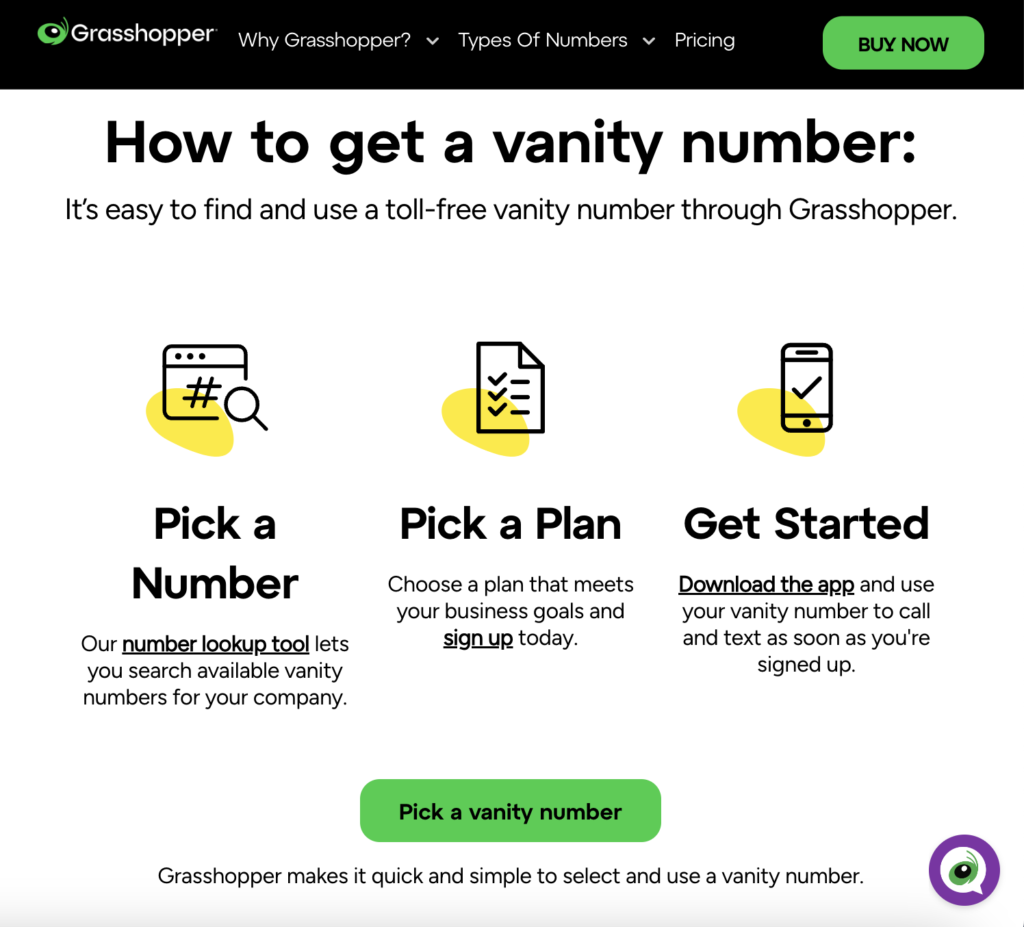 A screenshot of Grasshopper's vanity number webpage.