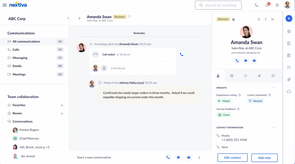 The Nextiva desktop interface with a sidebar for different communications channels and interaction details.