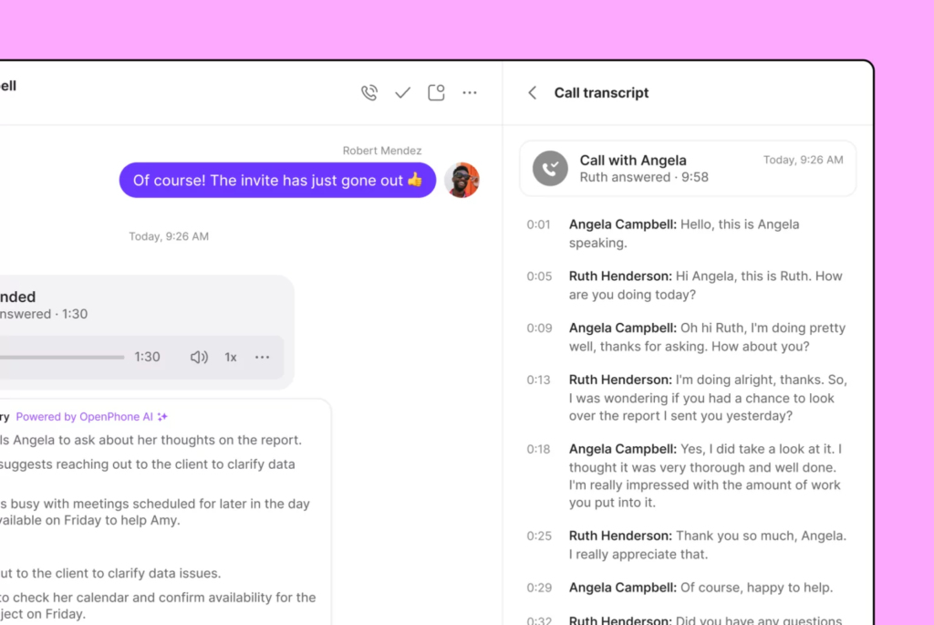 Sample OpenPhone call transcript within a chat thread.