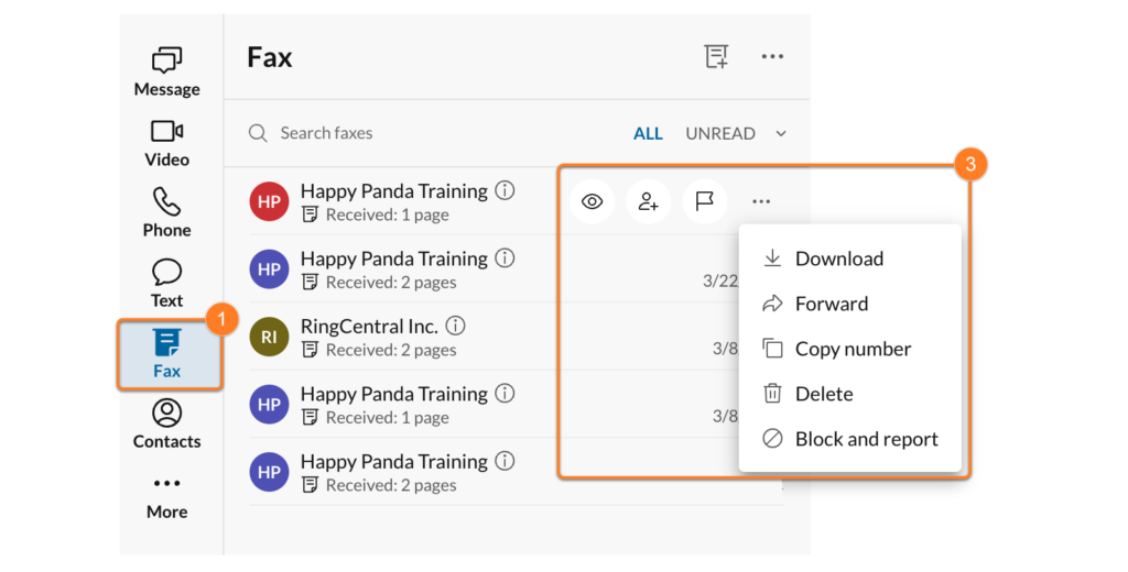 Dashboard views of the online fax feature of RingCentral.