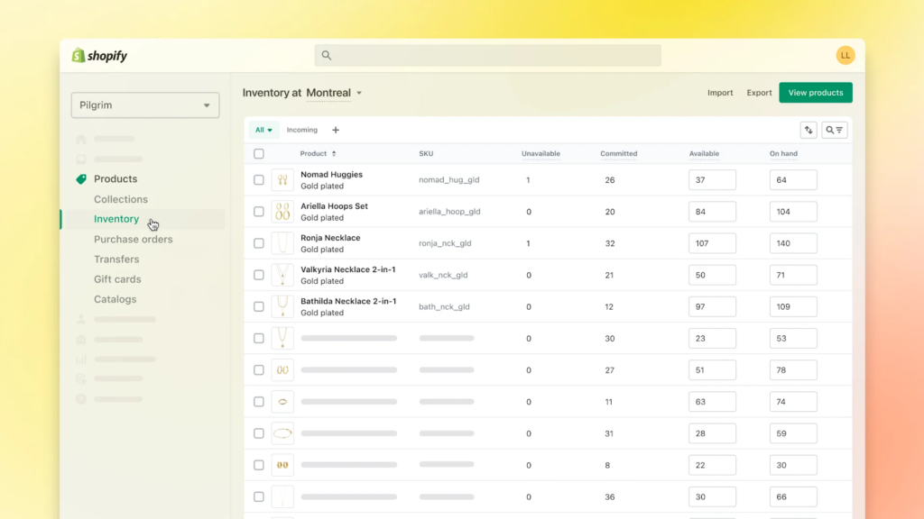 Shopify inventory management tab displaying sample products.