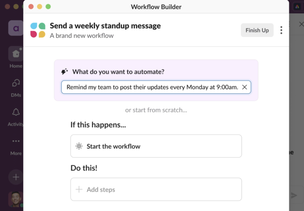 A screenshot of Slack's workflow builder feature.