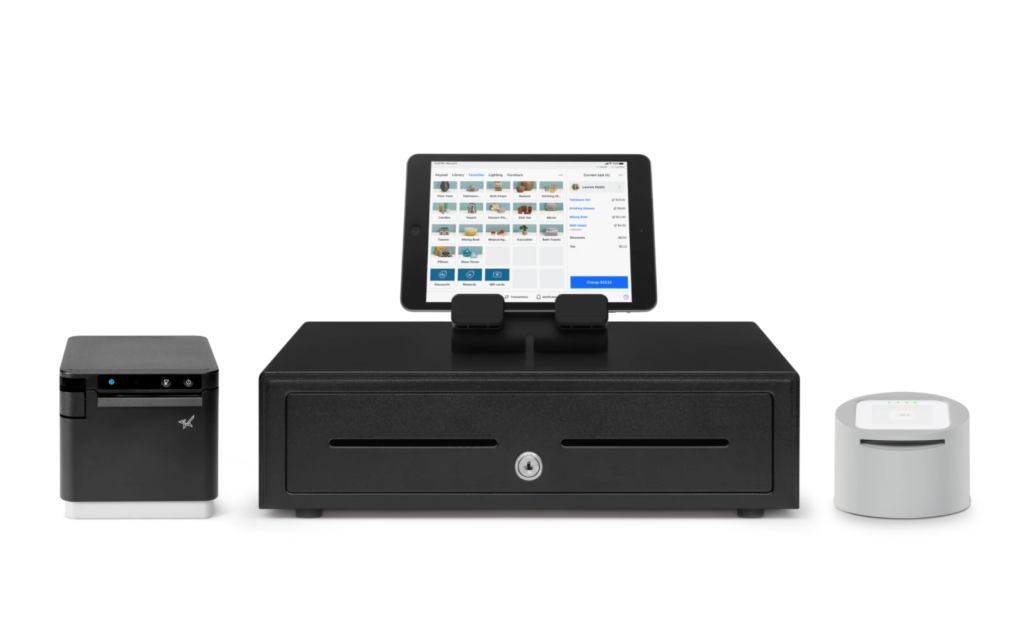 The Square Countertop Kit for card reader which includes a table t stand, thermal printer, cash drawer, and card reader dock.