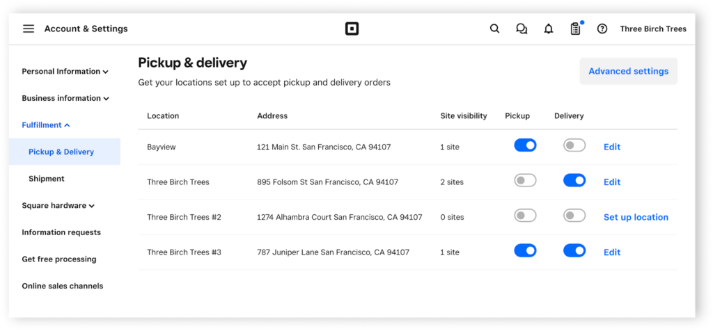 Square merchant platform displaying settings for pick up and delivery options.