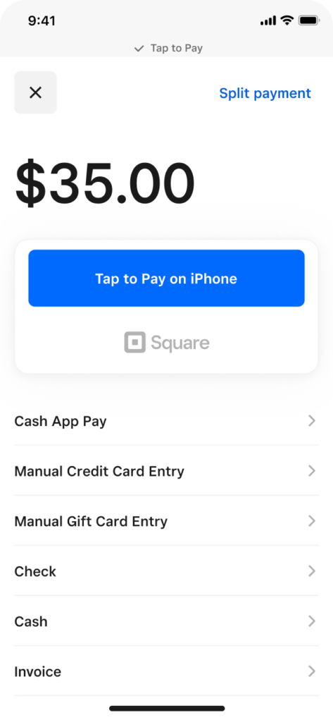 Square's free iPhone POS app with Tap to Pay enabled.