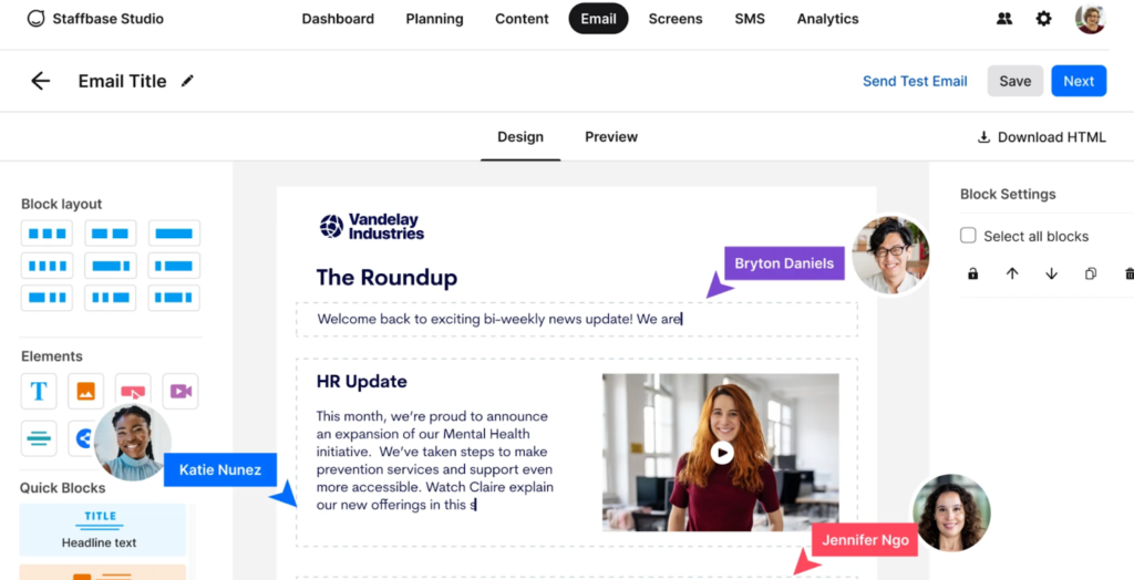 A screenshot of Staffbase's employee newsletter and email designer.