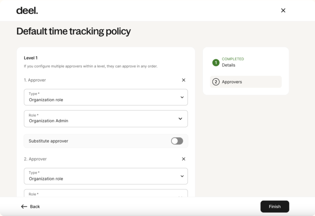 A screen allowing the user to adjust the default time tracking policy for their company in Deel’s software platform.