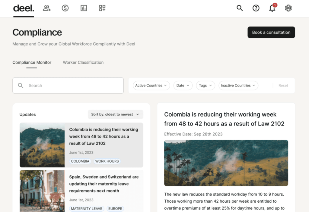 The compliance dashboard in Deel showcasing new legal updates in different countries like Spain, Sweden, Switzerland, and Colombia.