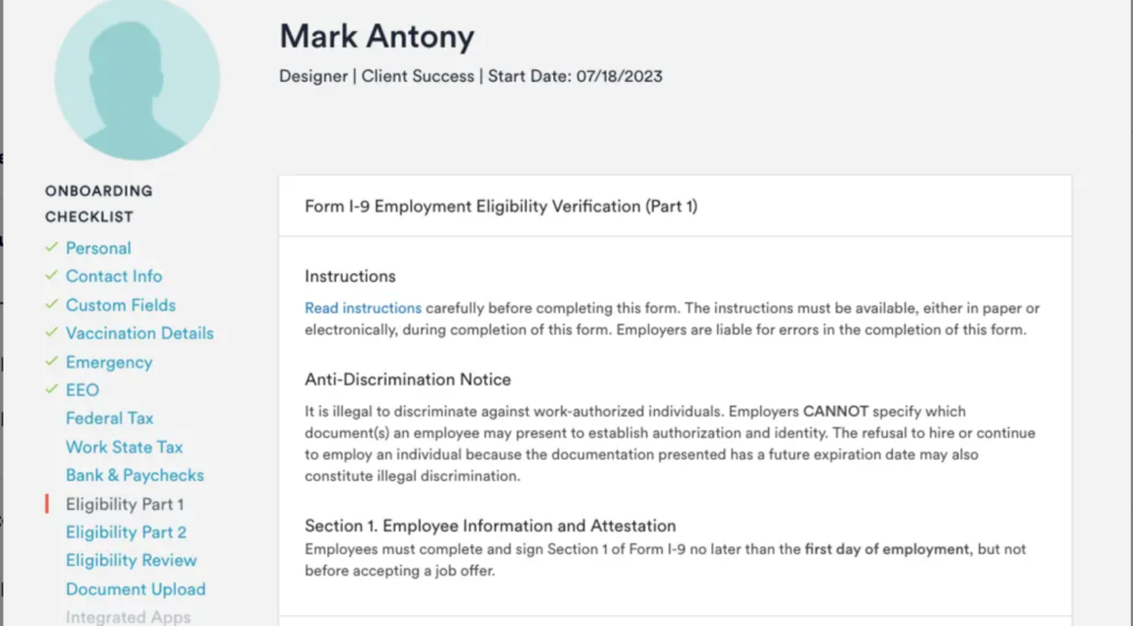 The Form I-9 verification screen in TriNet.