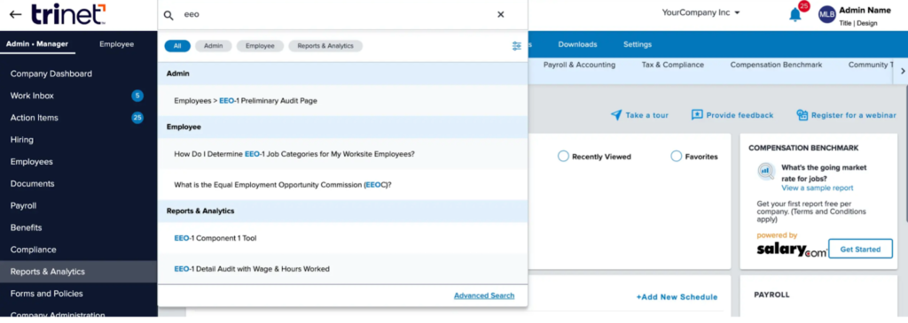 The reporting search function in TriNet showing EEO compliance reports and tools.