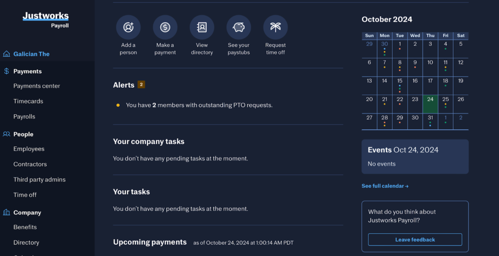 The home page dashboard on Justworks displaying alerts, tasks, and a calendar.