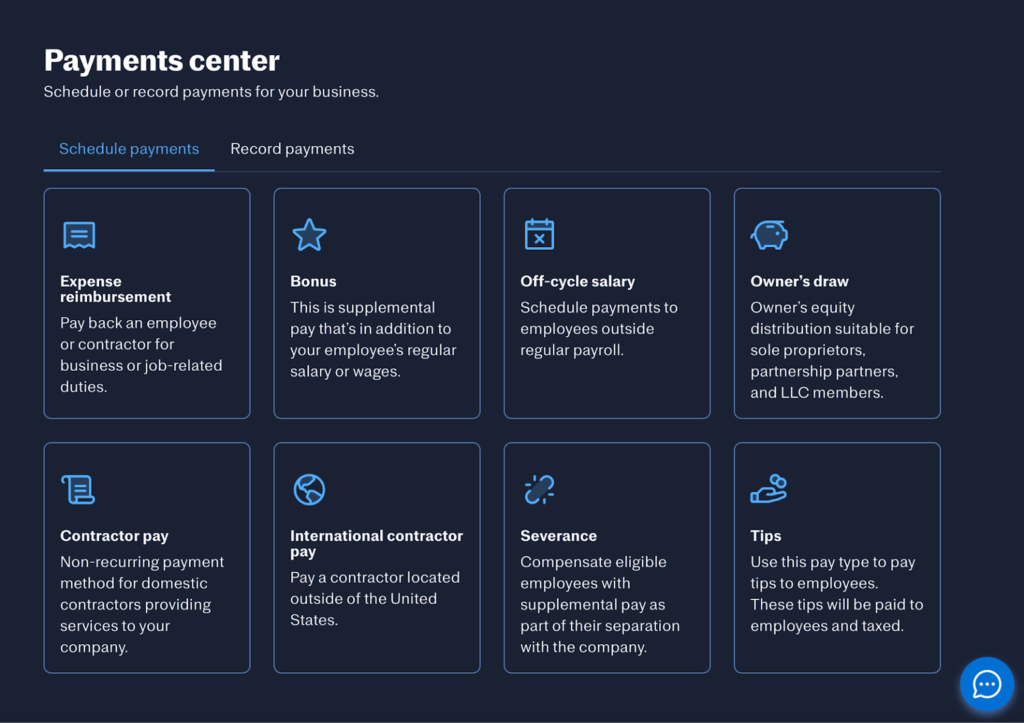 The payments center dashboard in Justworks showcasing different payment options.