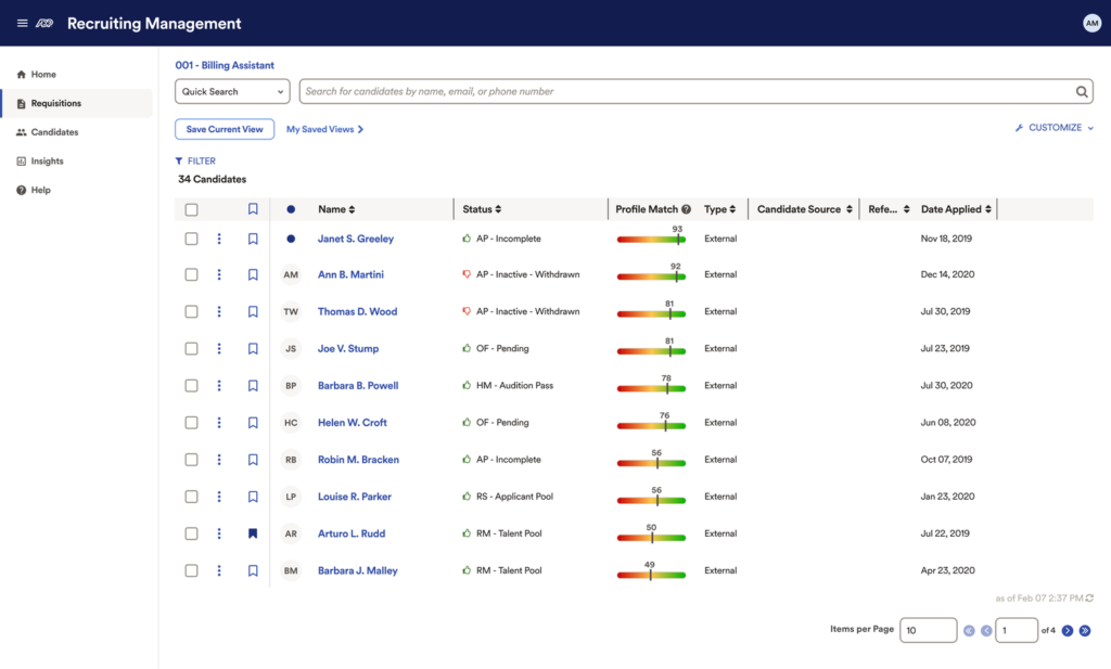 ADP’s recruitment management dashboard displays a list of candidates.