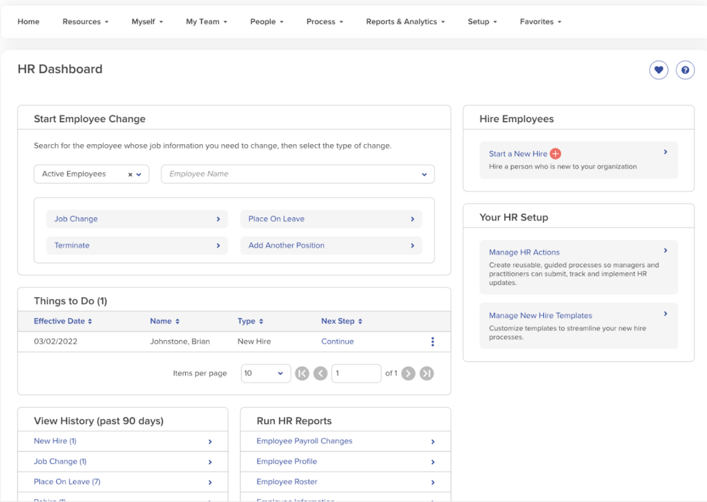 The hiring dashboard in ADP Workforce Now displaying sections like to-do items, employment changes, and history.