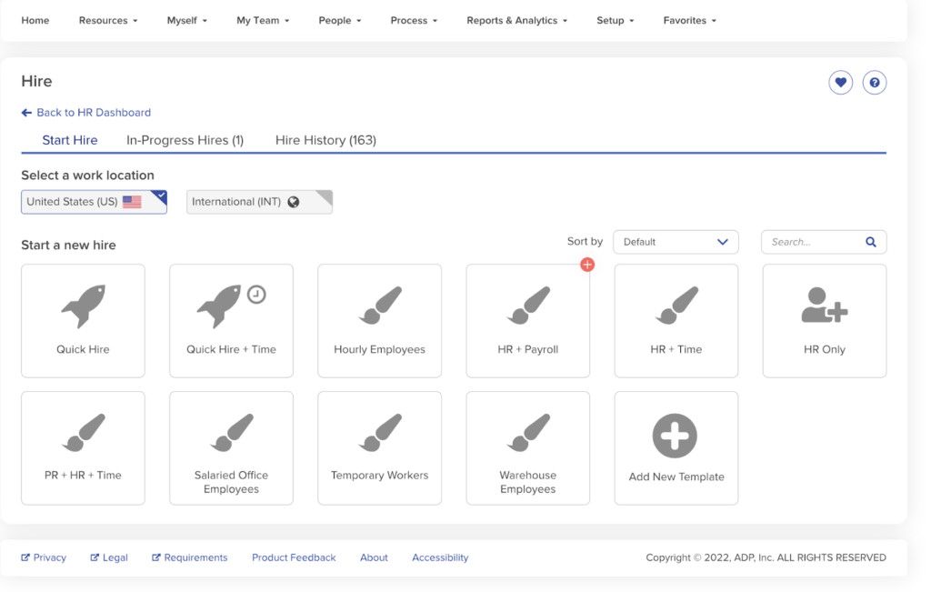 The ADP hiring menu showing the beginning of the hiring workflow.