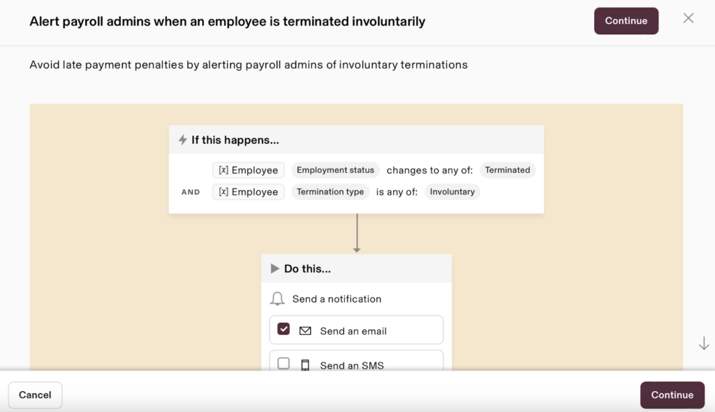 A payroll automation in Rippling that sets a notification to trigger when an employee is terminated to ensure that their final check is paid on time.