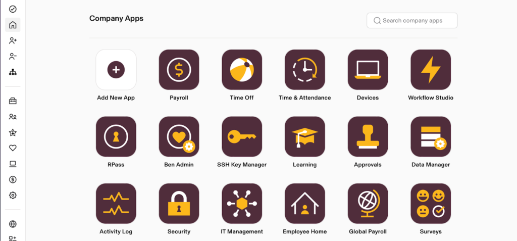 Rippling’s user dashboard showing icons for different apps and functions within the software platform.