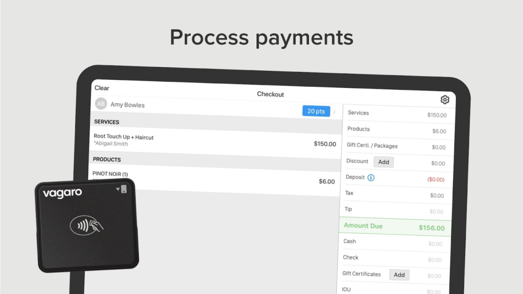 Vagaro checkout screen with sample transaction and Vagaro mobile credit card reader.