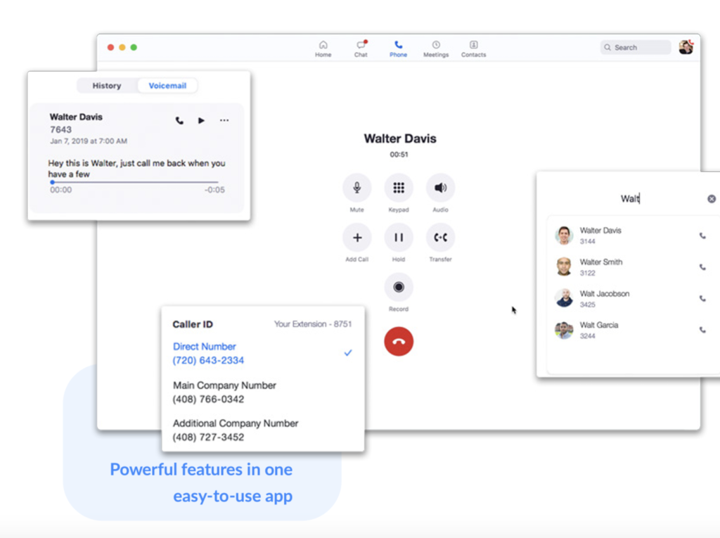 Zoom Phone app dial pad with pop up images showing contacts and caller information.