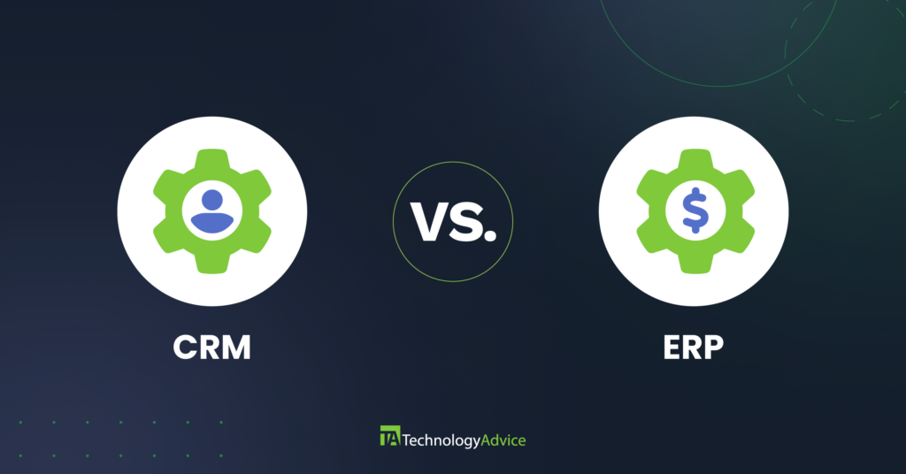 Lime green gear icons over CRM vs ERP text in white on a dark blue background.