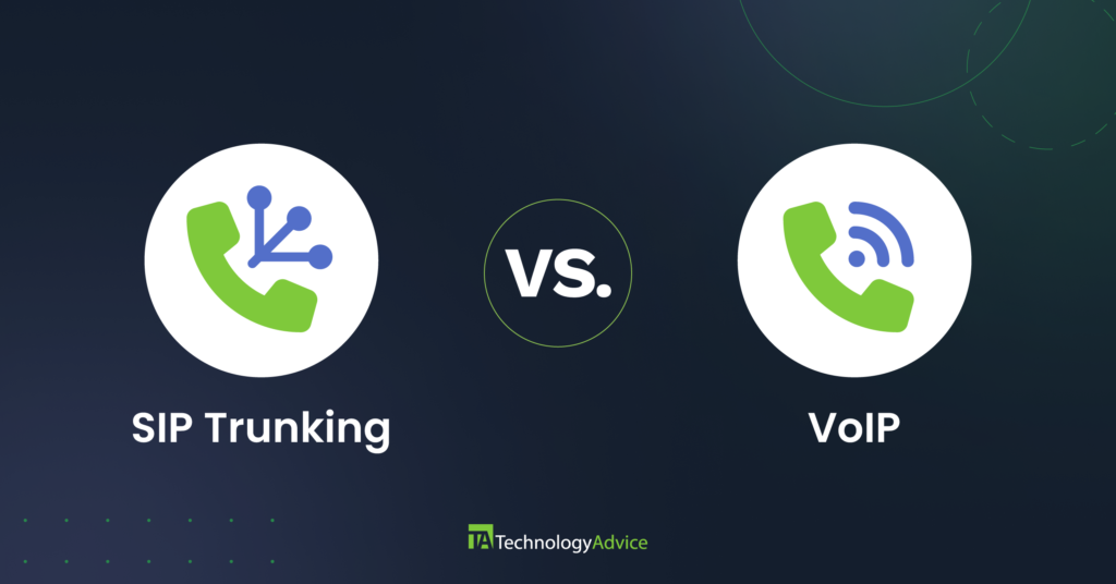 Lime green telephone icons over Sip Trunking vs VoIP text in white on a dark blue background.