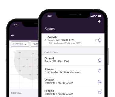 Two mobile phone screens featuring availability settings in the Moneypenny mobile app.
