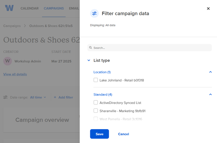 Workshop's campaign module with filter options for location and contact lists.