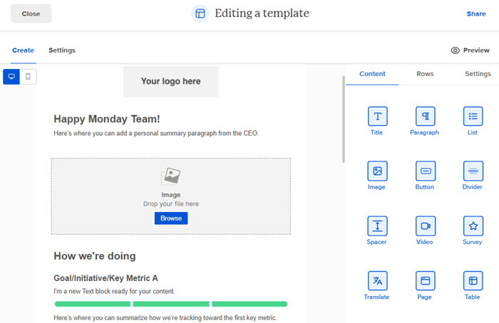 Workshop email editor with drag-and-drop content blocks
