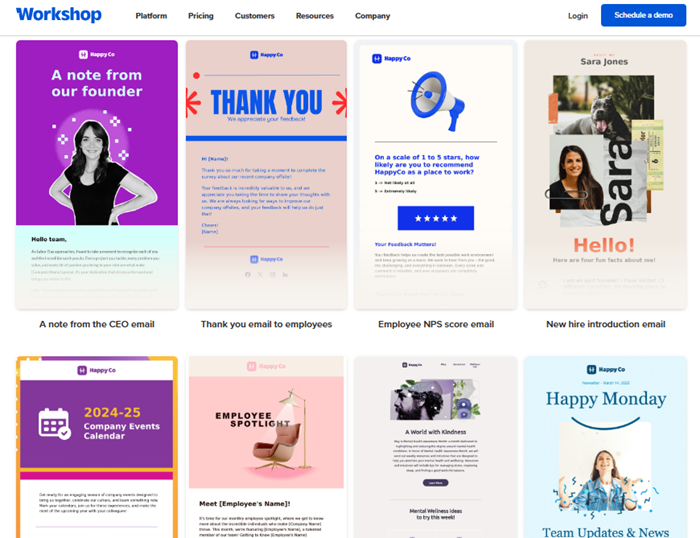 Workshop template gallery with various email designs.