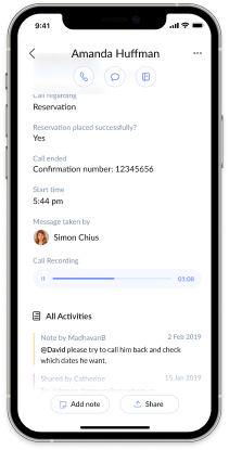 AnswerConnect mobile app screen with call details and recording access.