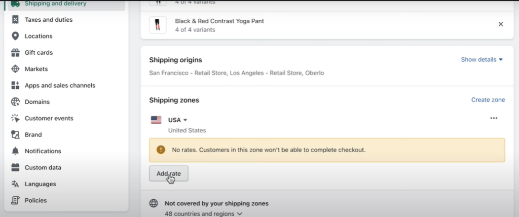 Shopify’s shipping and delivery settings allow you to set shipping zones and rates.