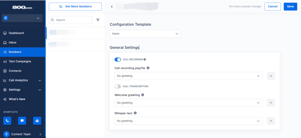 800.com's call recording settings